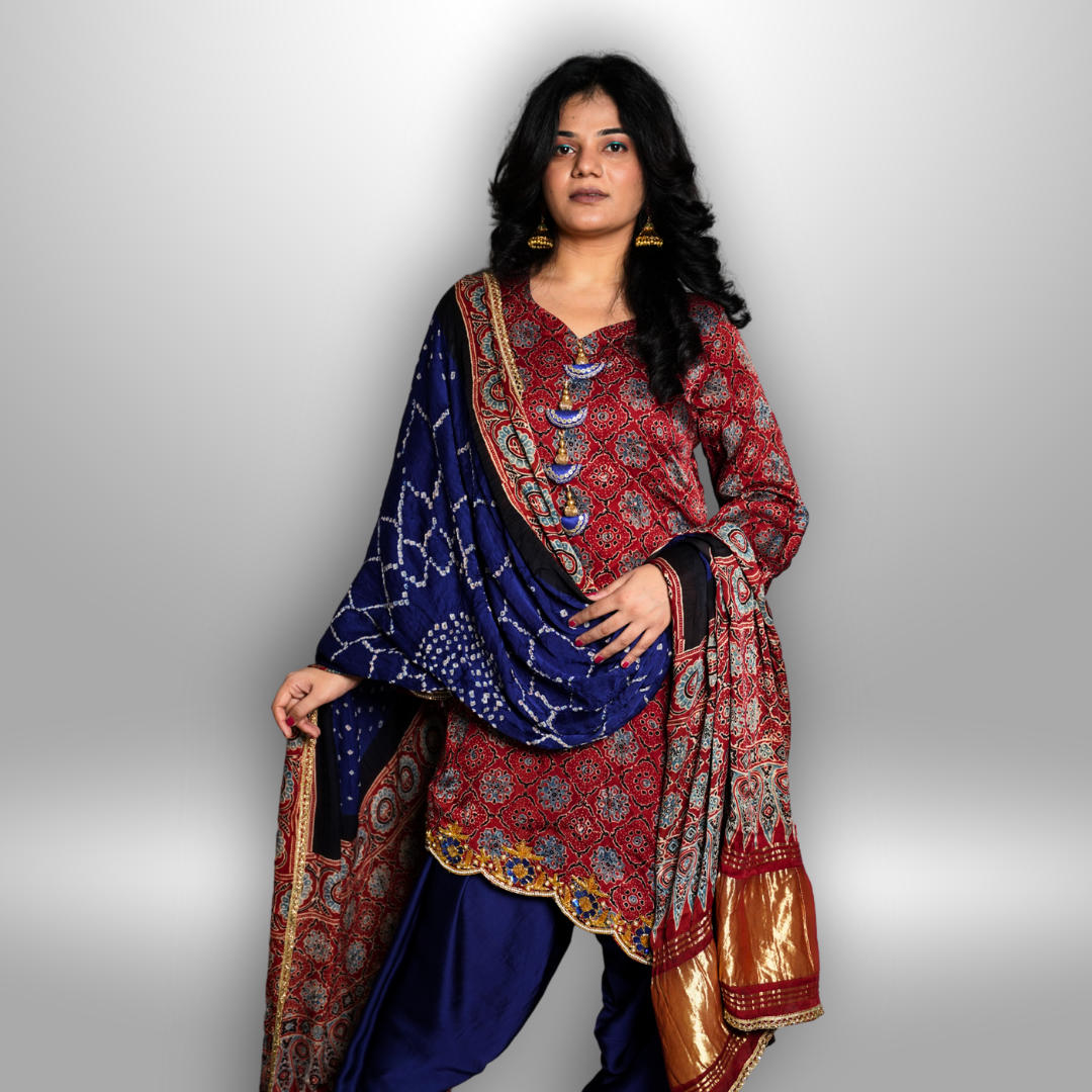 Modal Silk With Ajrakh Bandhani Dupatta