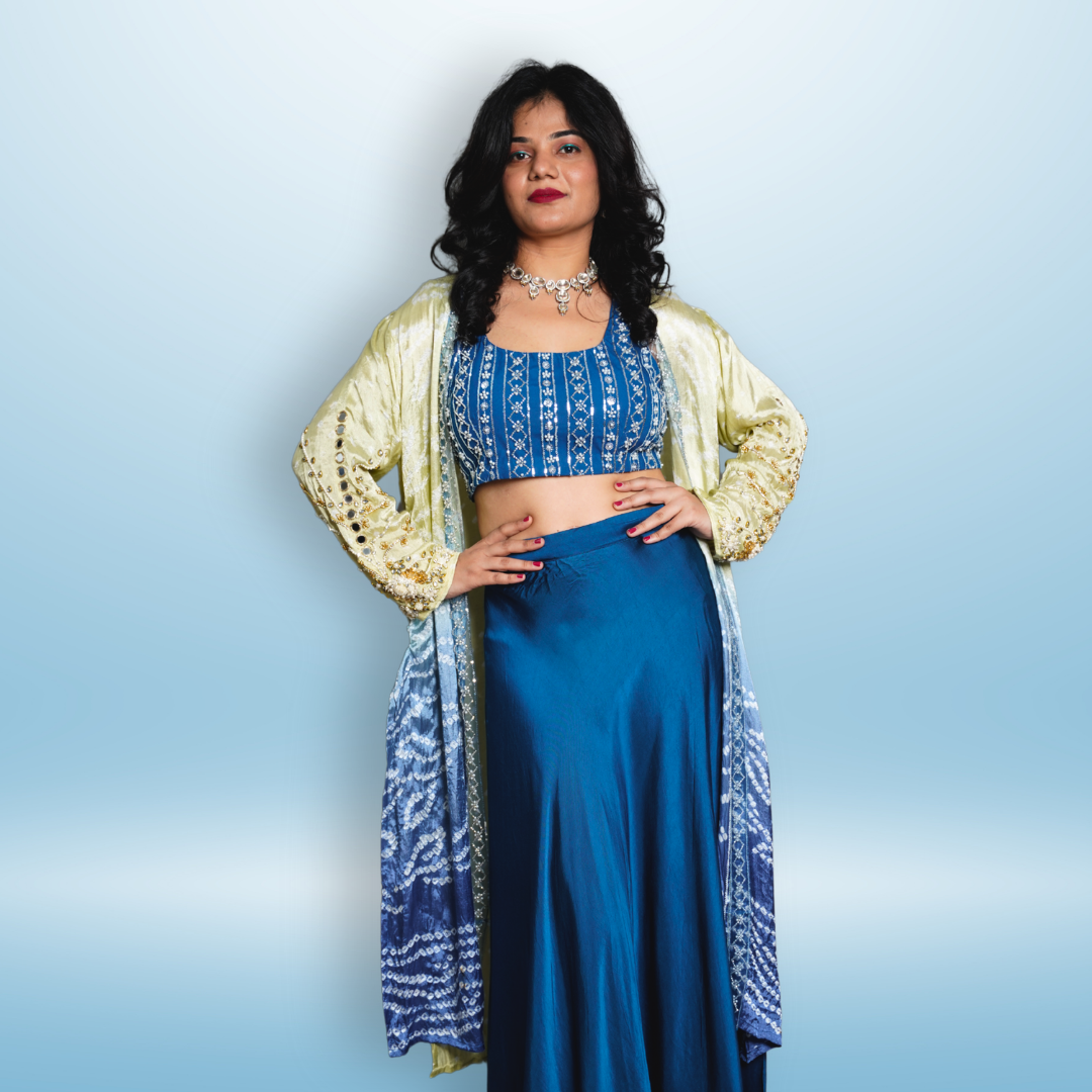 Deep Blue With Bandhani Lemon Yellow Jacket