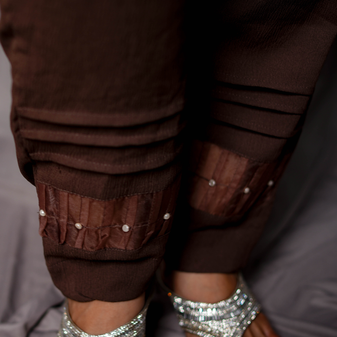 Elegant Brown Kurti Set with Pearl Embellishment