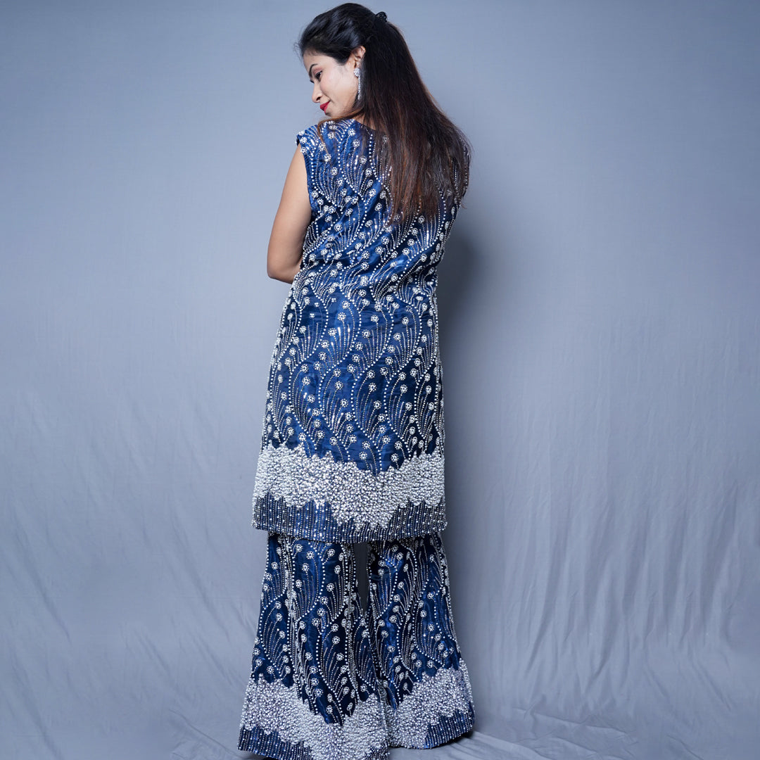 Elegant Blue Embellished Outfit with Silver Beadwork