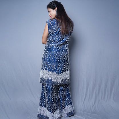 Elegant Blue Embellished Outfit with Silver Beadwork