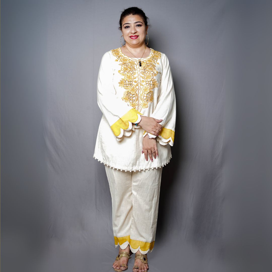 Elegant Ivory & Mustard Embroidered Cord Set