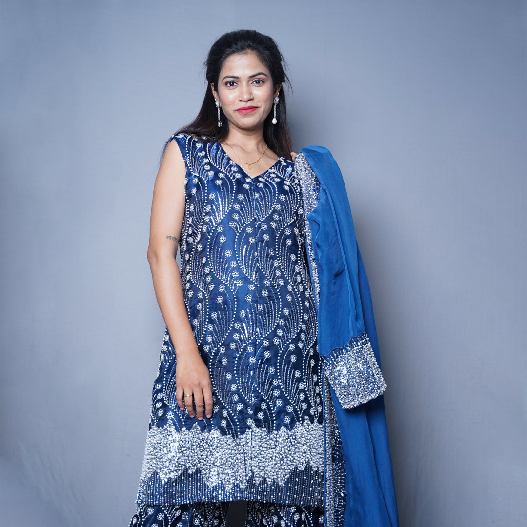 Elegant Blue Embellished Outfit with Silver Beadwork
