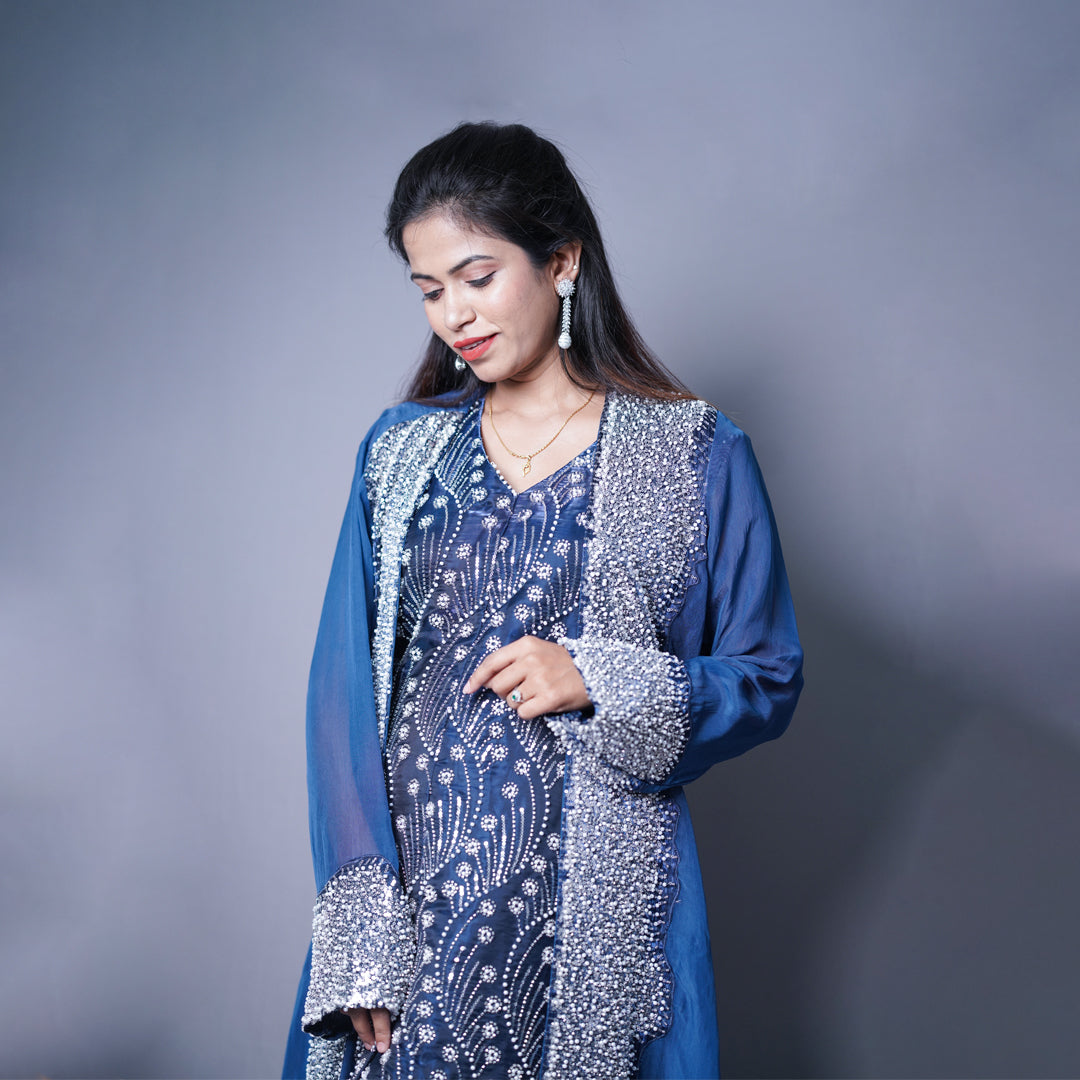 Elegant Blue Embellished Outfit with Silver Beadwork