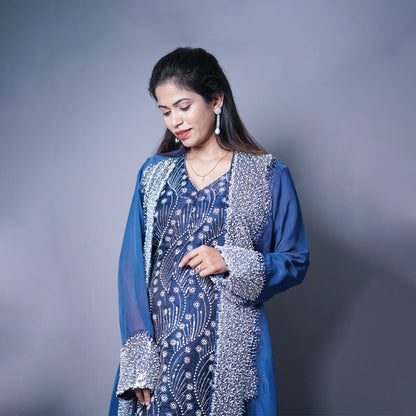 Elegant Blue Embellished Outfit with Silver Beadwork