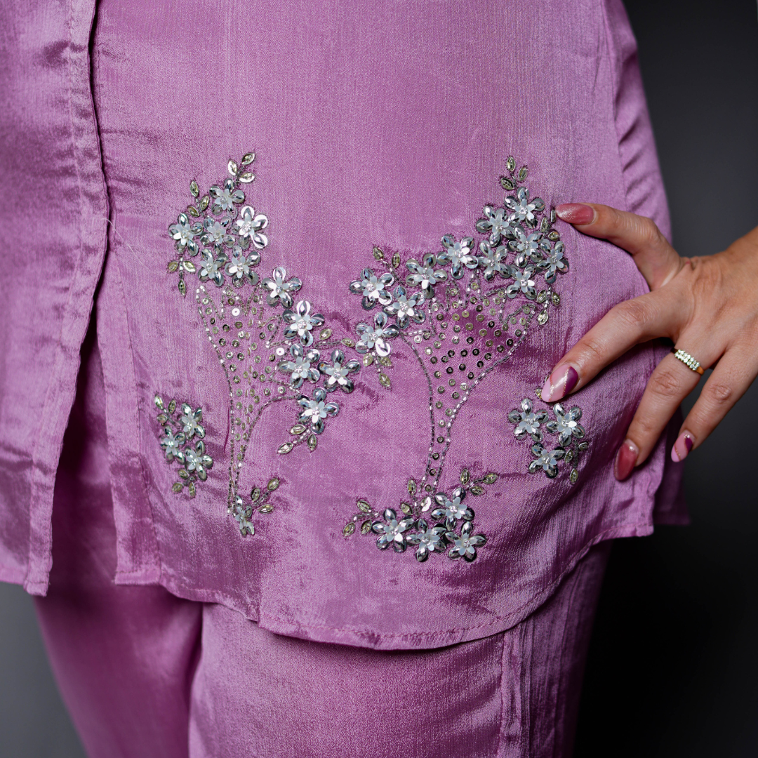 Luxury Pink Satin Kurti Set with Sequin Floral Embroidery