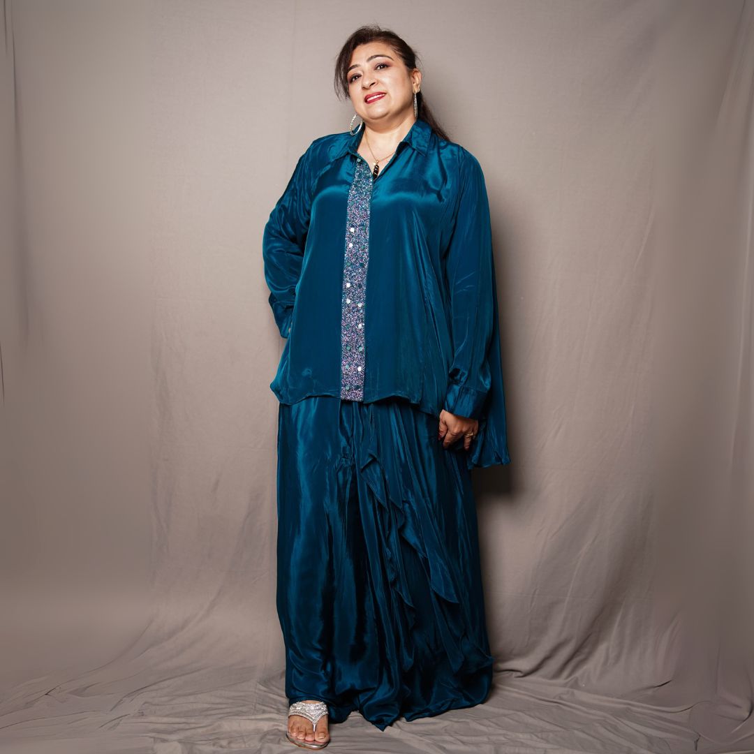 Elegant Teal Satin Cord Set with Embellished Front