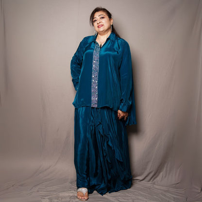 Elegant Teal Satin Cord Set with Embellished Front