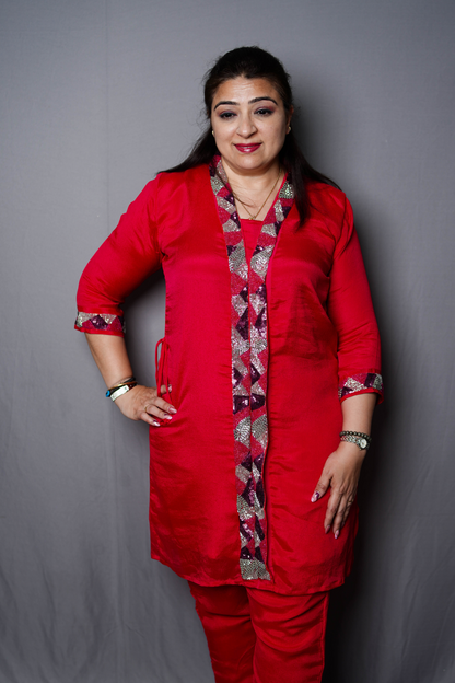Vibrant Red Sequin-Embellished Kurta