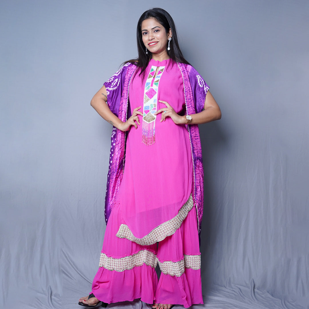 Vibrant Fuchsia gharara Set with Bandhani Dupatta