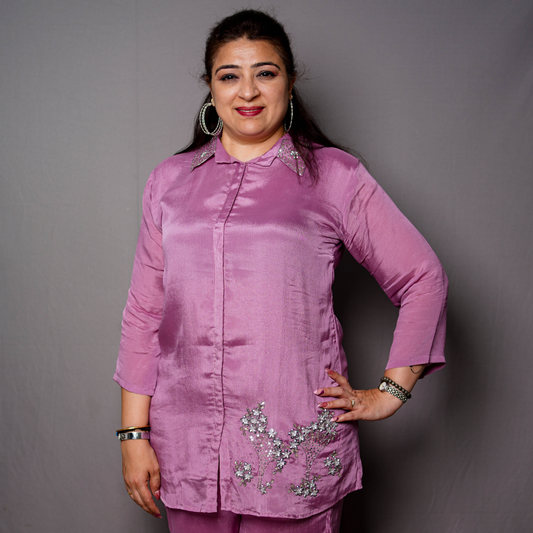 Luxury Pink Satin Kurti Set with Sequin Floral Embroidery