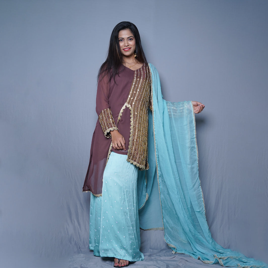 Embellished brown Kurta Set with Aqua Palazzo and Dupatta