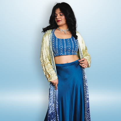 Deep Blue With Bandhani Lemon Yellow Jacket