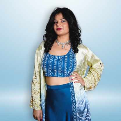 Deep Blue With Bandhani Lemon Yellow Jacket