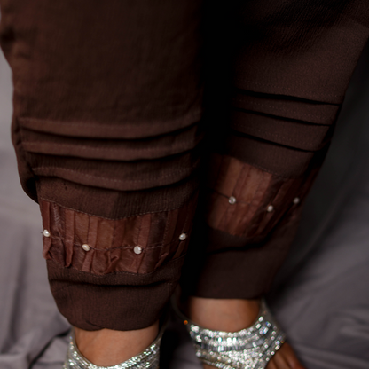 Elegant Brown Kurti Set with Pearl Embellishment