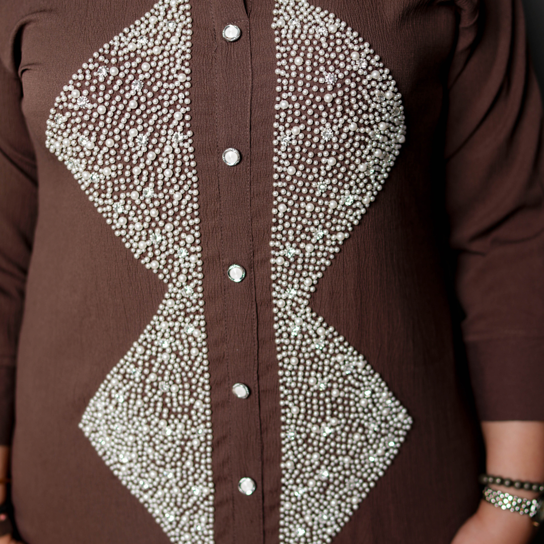 Elegant Brown Kurti Set with Pearl Embellishment