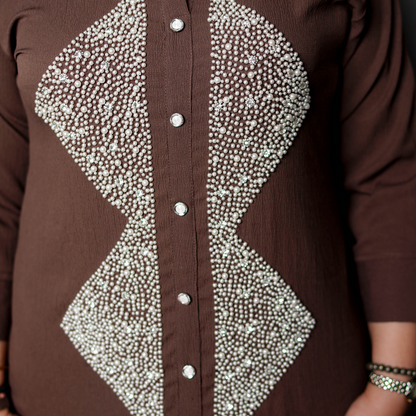 Elegant Brown Kurti Set with Pearl Embellishment