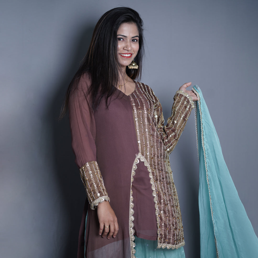 Embellished brown Kurta Set with Aqua Palazzo and Dupatta
