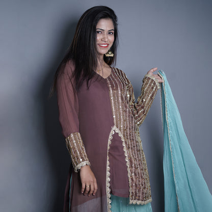 Embellished brown Kurta Set with Aqua Palazzo and Dupatta