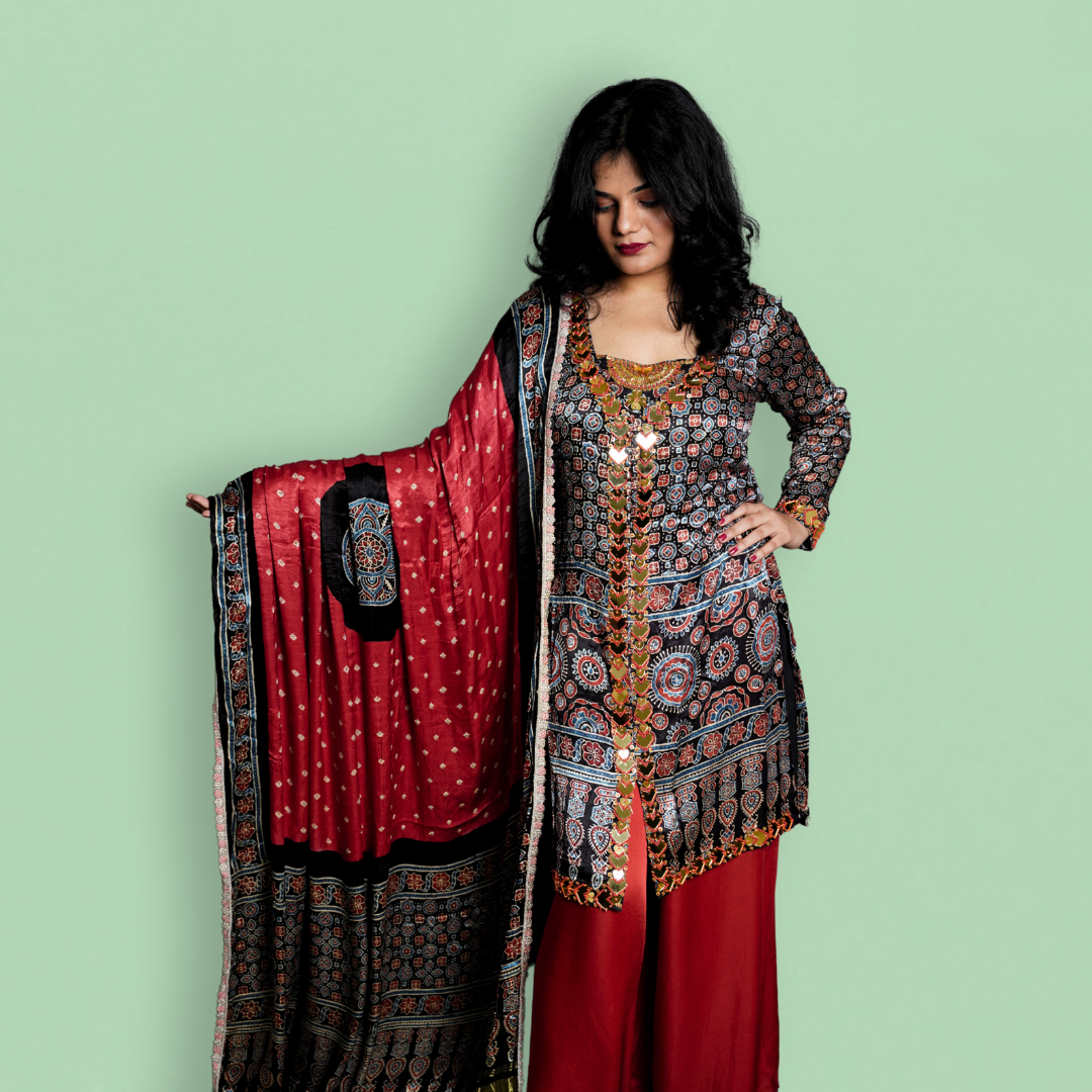 Pure Modal Ajrakh With Ajrakh Bandhani Modal Silk Dupatta