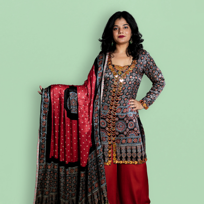 Pure Modal Ajrakh With Ajrakh Bandhani Modal Silk Dupatta