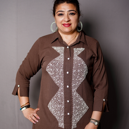 Elegant Brown Kurti Set with Pearl Embellishment