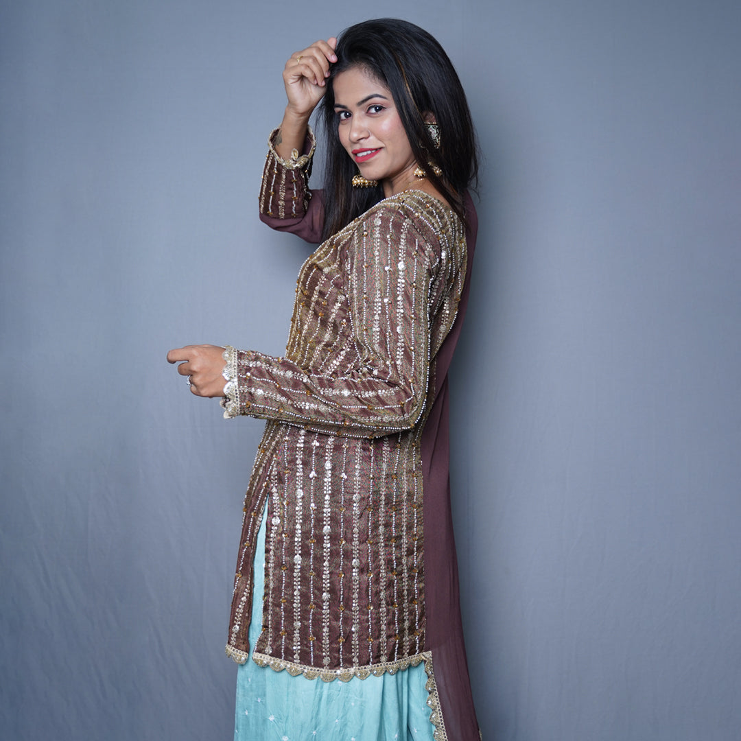 Embellished brown Kurta Set with Aqua Palazzo and Dupatta