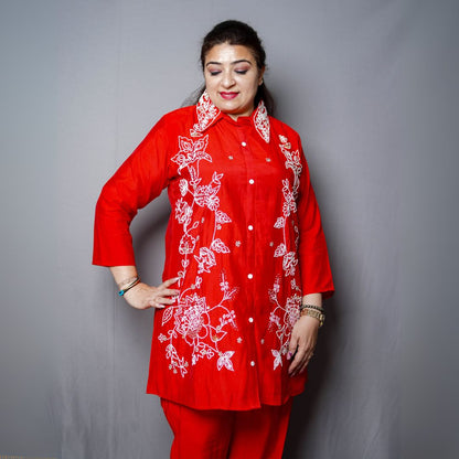 Scarlet Bloom Embroidered Cord Set