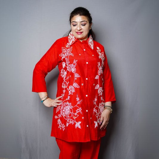 Scarlet Bloom Embroidered Cord Set