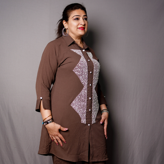 Elegant Brown Kurti Set with Pearl Embellishment