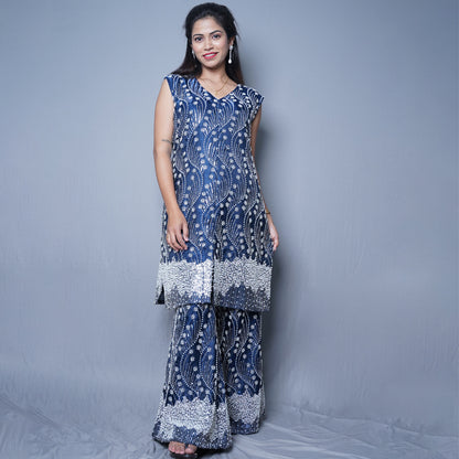 Elegant Blue Embellished Outfit with Silver Beadwork
