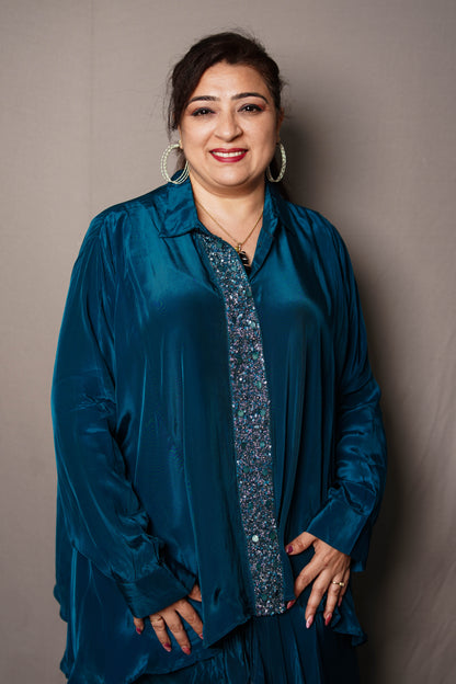 Elegant Teal Satin Cord Set with Embellished Front