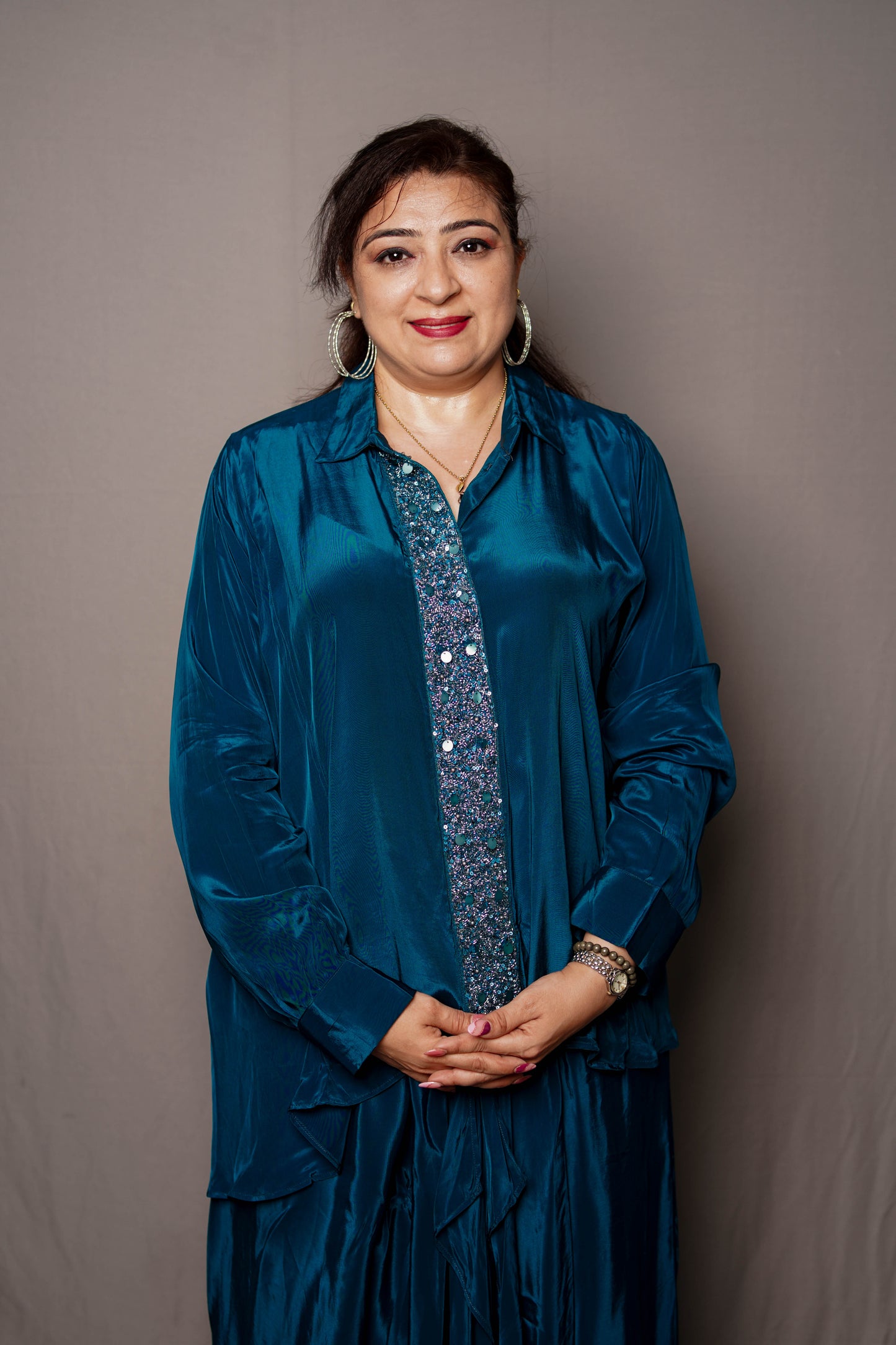 Elegant Teal Satin Cord Set with Embellished Front