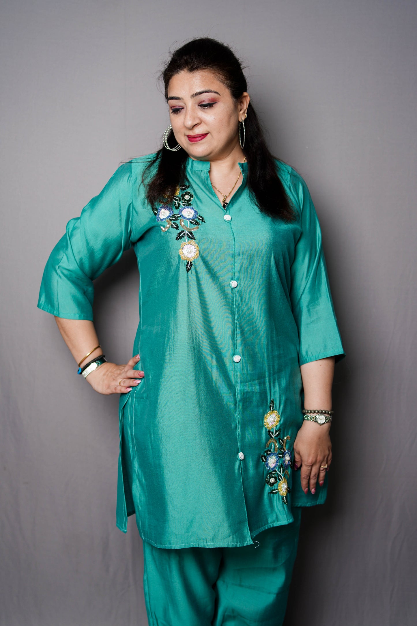 Emerald Bloom Embroidered Cord Set