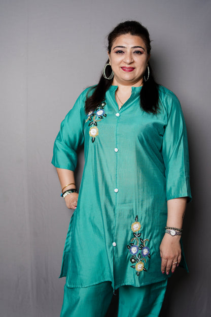 Emerald Bloom Embroidered Cord Set