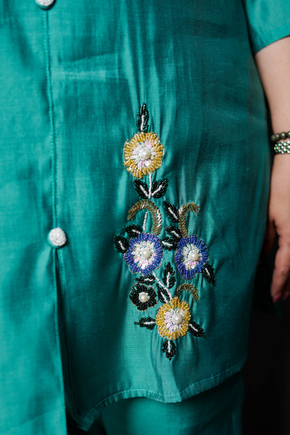 Emerald Bloom Embroidered Cord Set