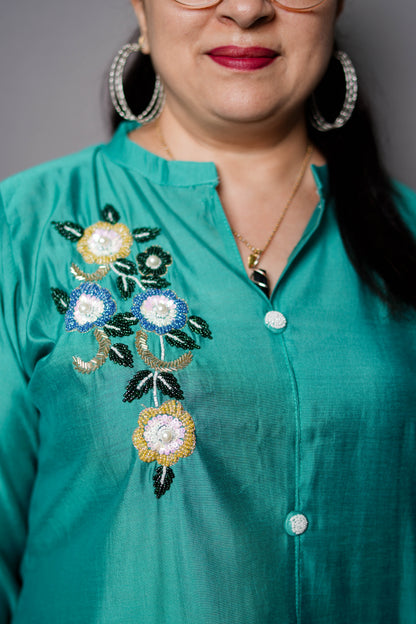 Emerald Bloom Embroidered Cord Set