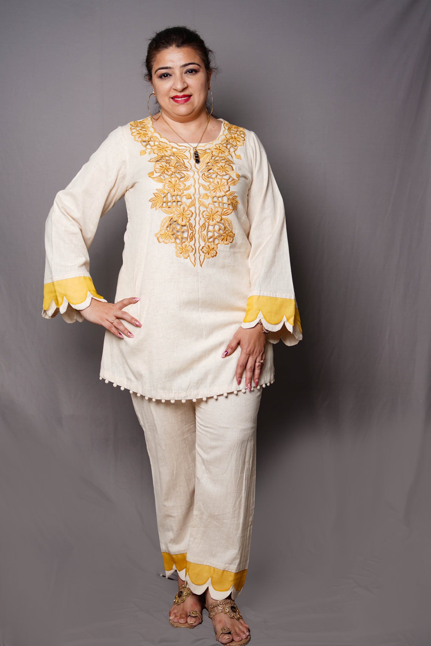 Elegant Ivory & Mustard Embroidered Cord Set