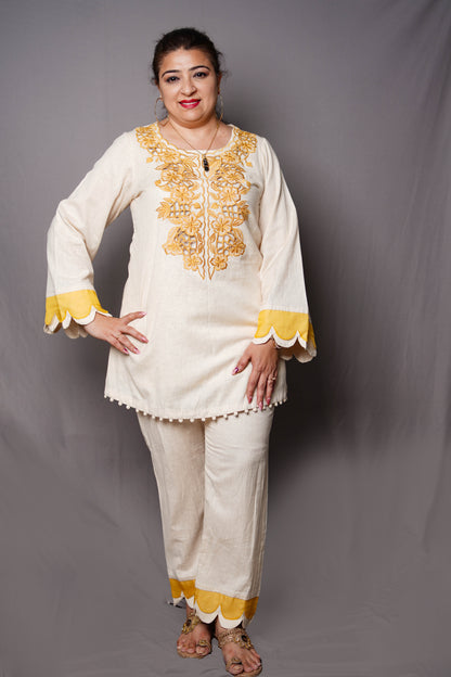 Elegant Ivory & Mustard Embroidered Cord Set