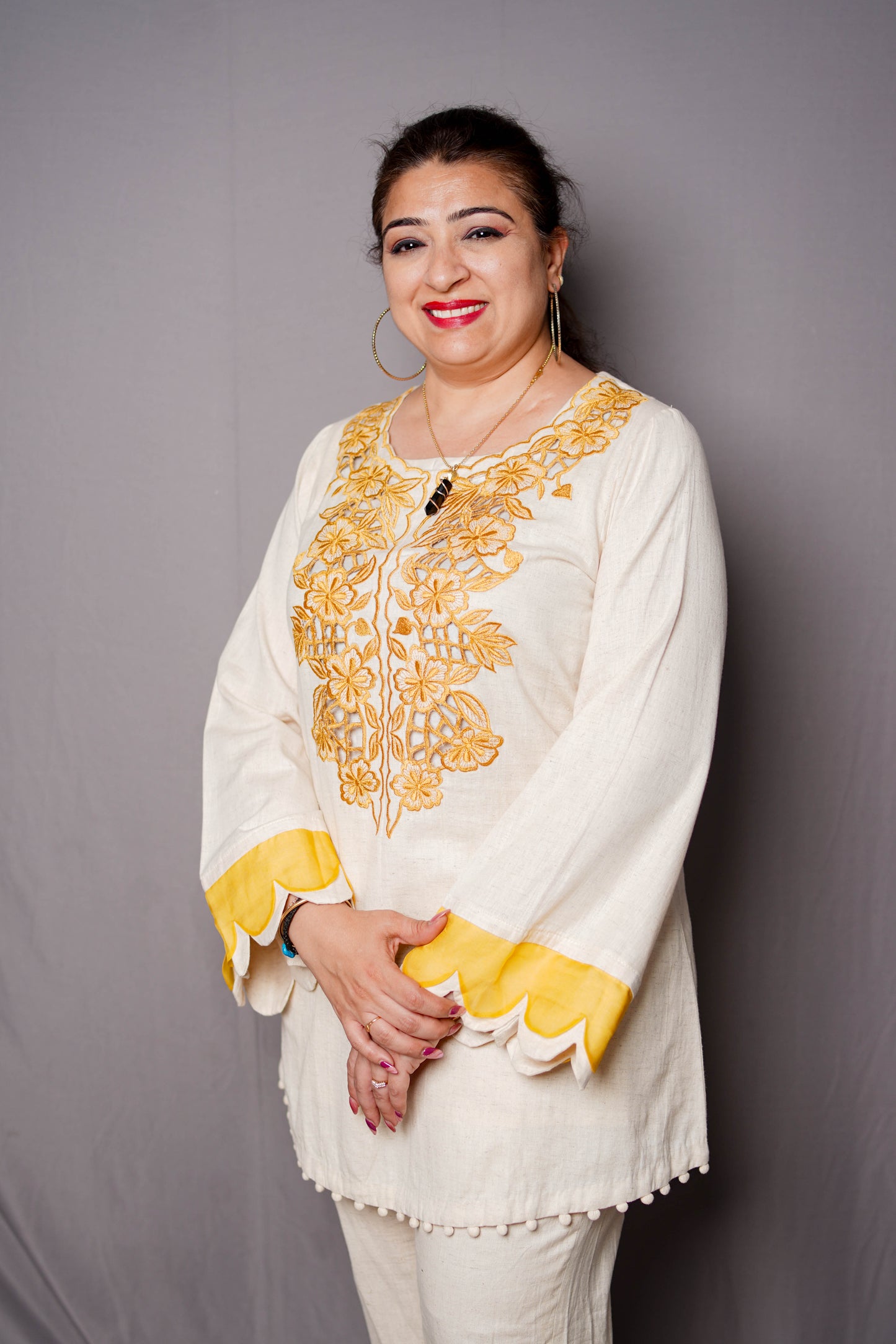 Elegant Ivory & Mustard Embroidered Cord Set