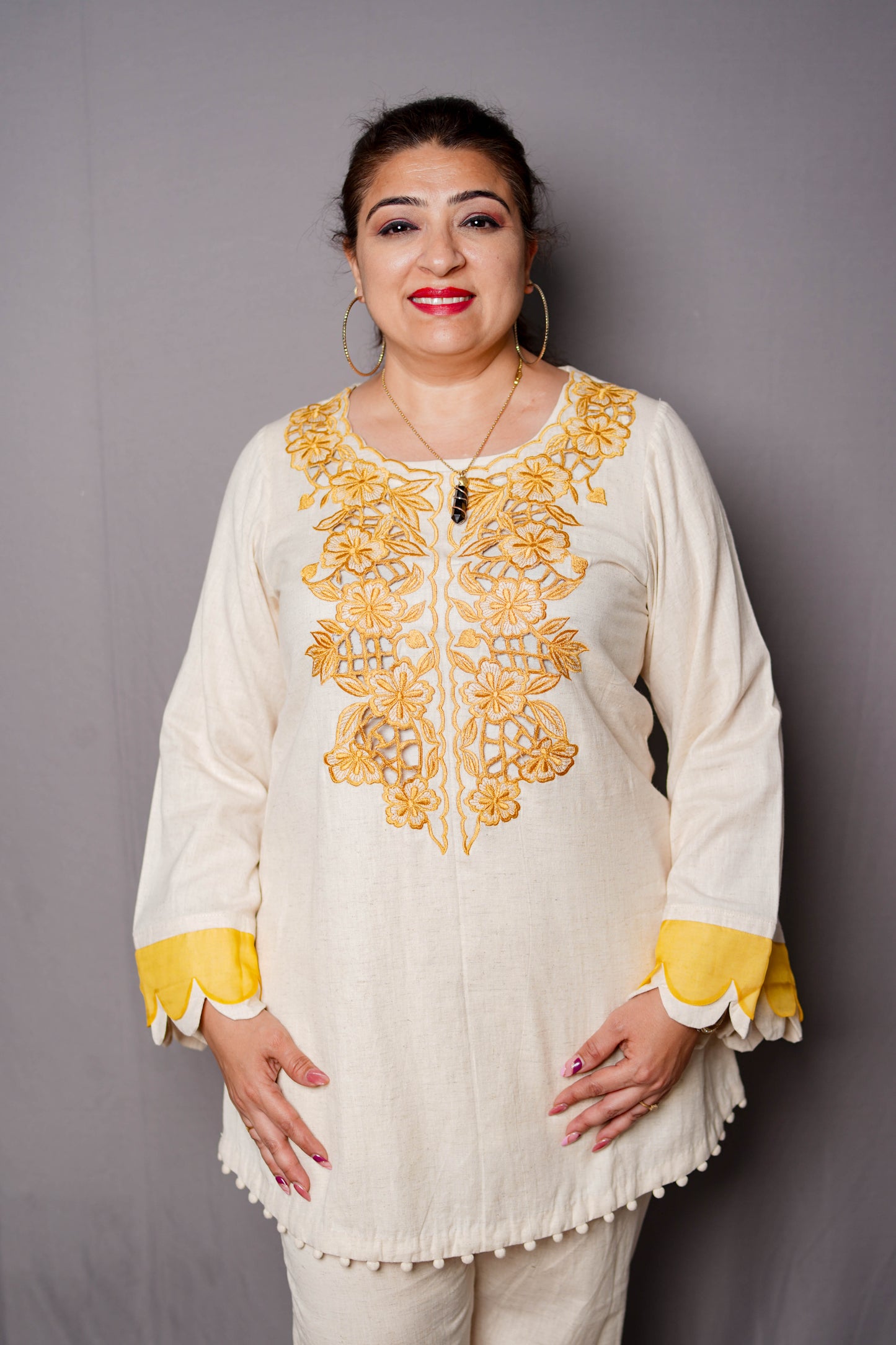 Elegant Ivory & Mustard Embroidered Cord Set