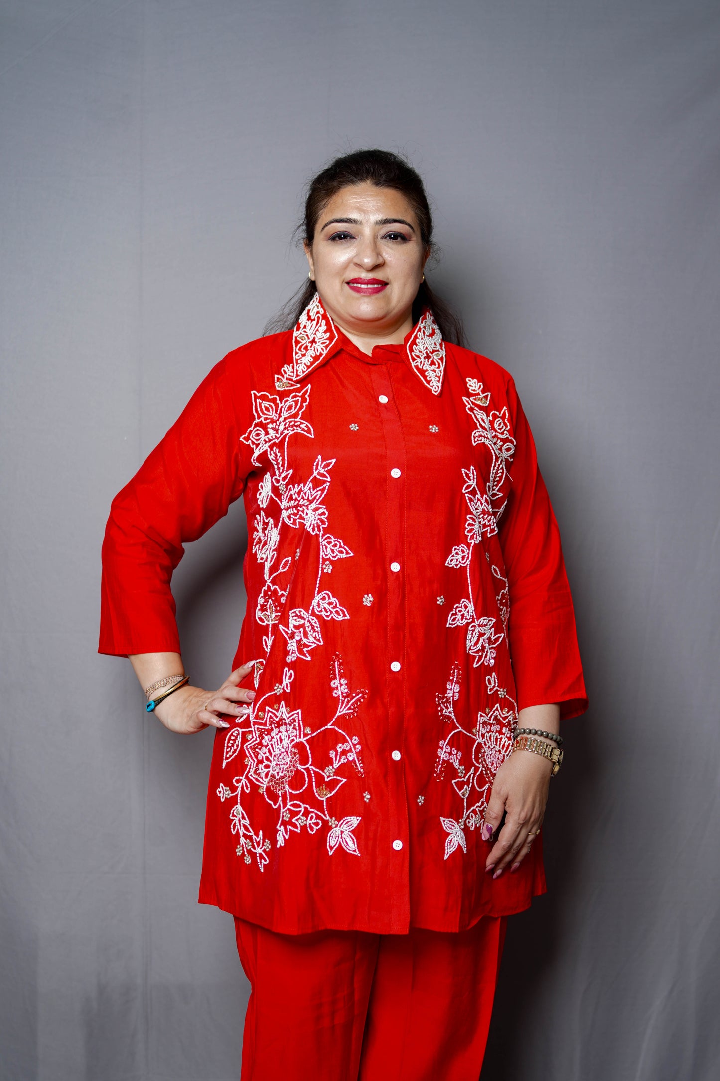 Scarlet Bloom Embroidered Cord Set