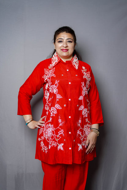 Scarlet Bloom Embroidered Cord Set