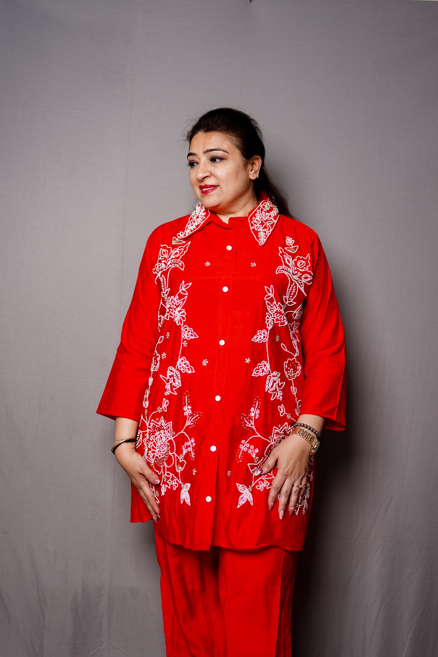 Scarlet Bloom Embroidered Cord Set