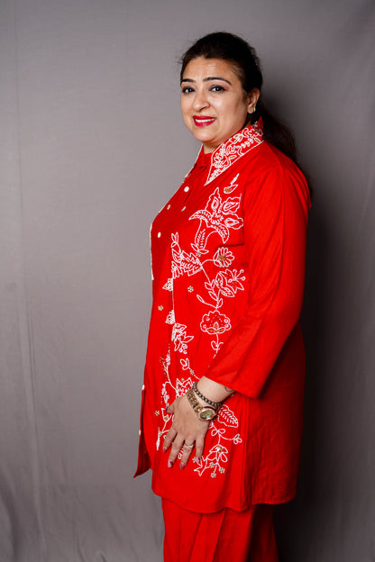 Scarlet Bloom Embroidered Cord Set