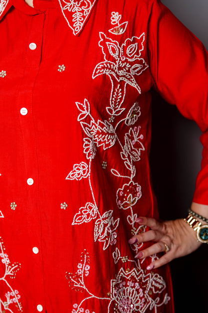 Scarlet Bloom Embroidered Cord Set